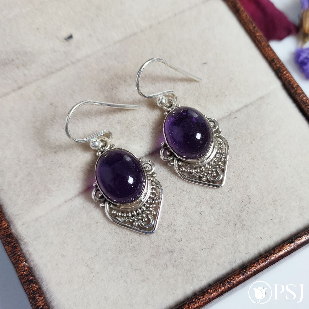 Amethyst Earrings, Oval in Sterling Silver