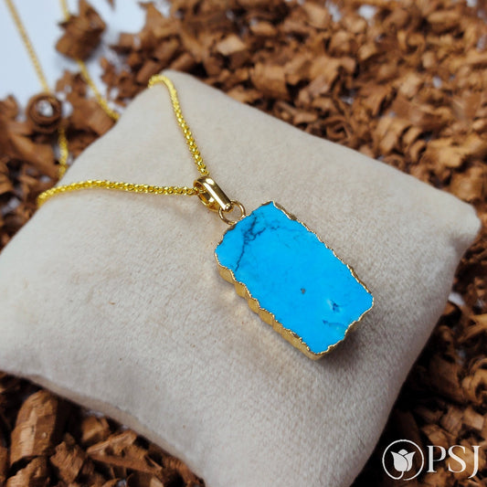 Turquoise Slice Pendant Necklace, Gold Edged Stone, Layering Necklace