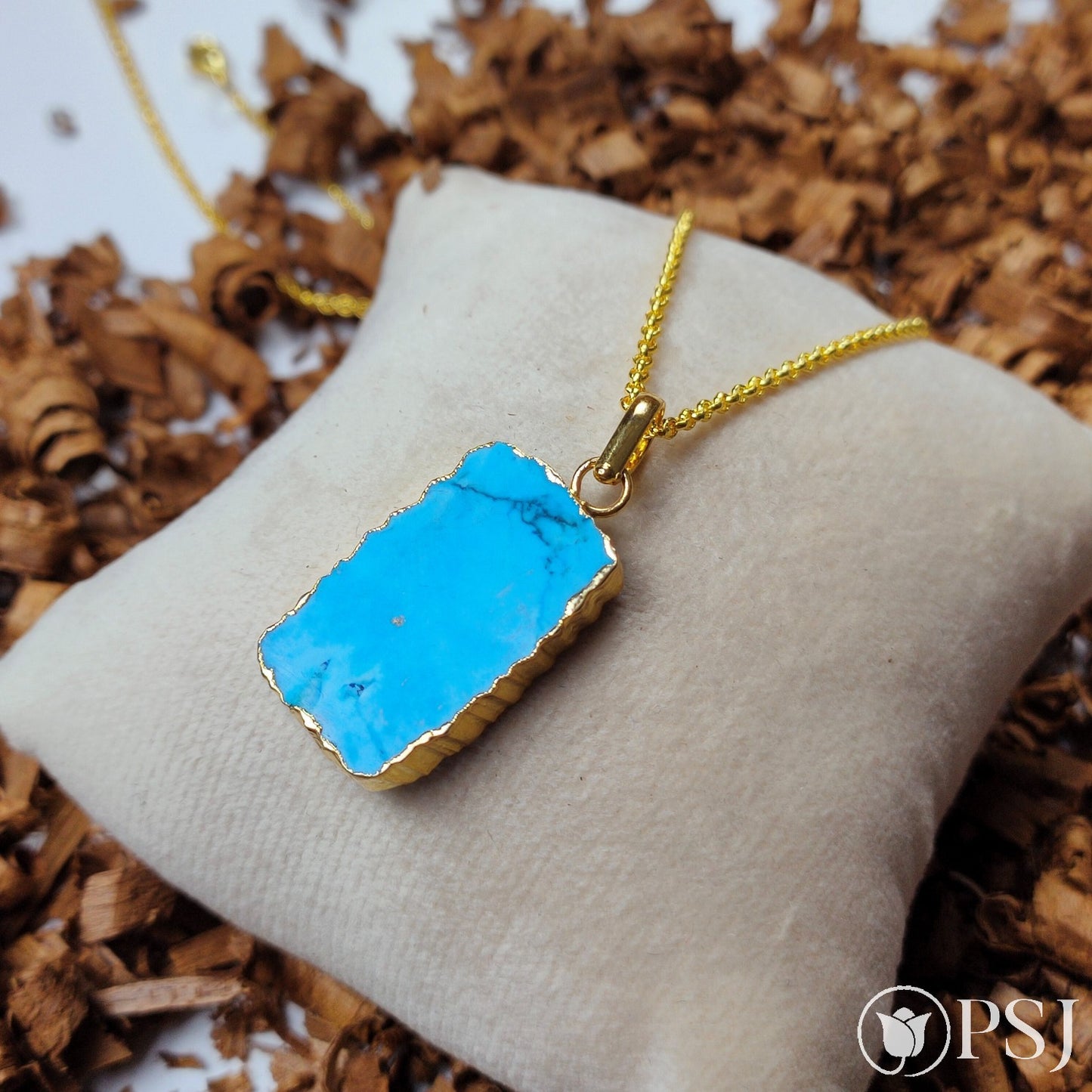 Turquoise Slice Pendant Necklace, Gold Edged Stone, Layering Necklace