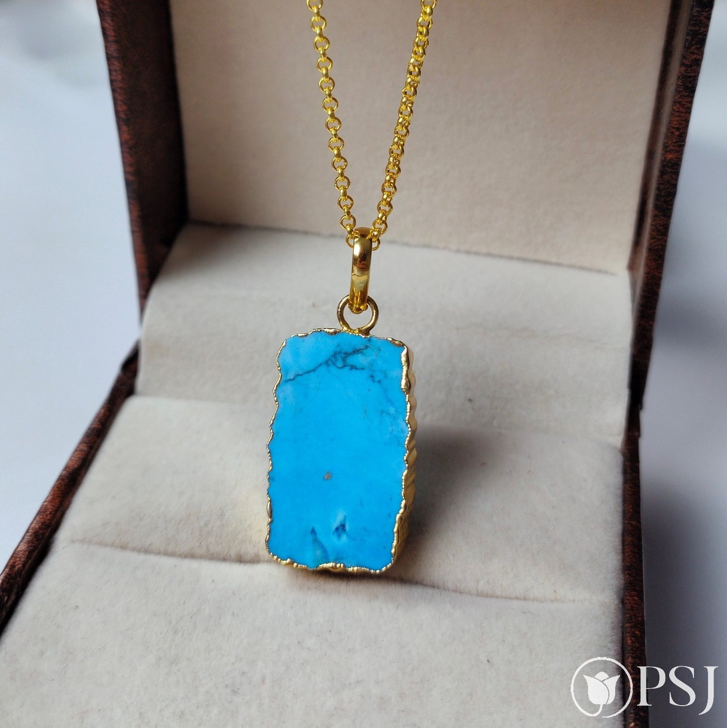 Turquoise Slice Pendant Necklace, Gold Edged Stone, Layering Necklace