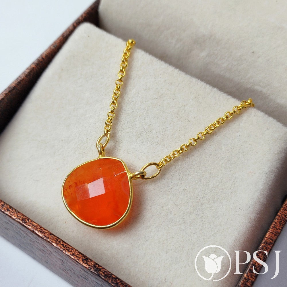 Carnelian Gold Plated Bezel Set Heart Pendant Necklace, Gemstone Necklace, Women Necklace, Carnelian Pendant