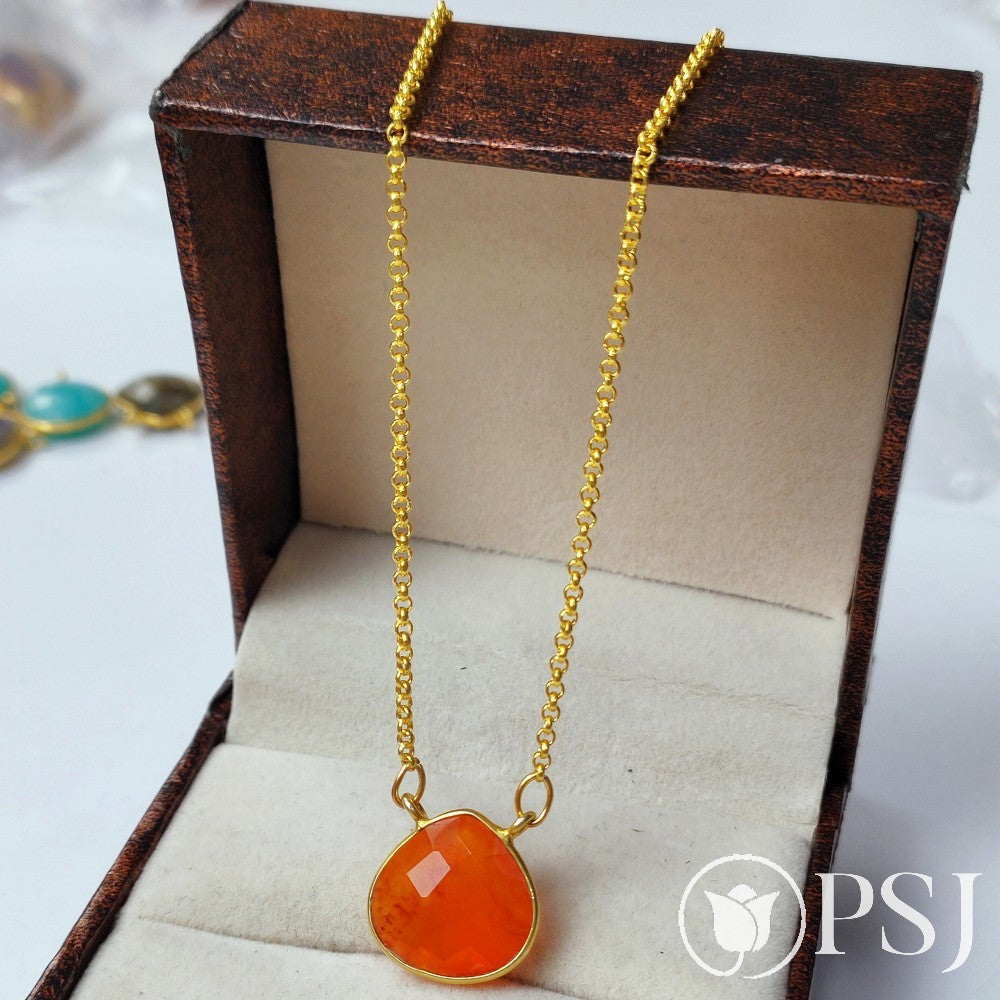 Carnelian Gold Plated Bezel Set Heart Pendant Necklace, Gemstone Necklace, Women Necklace, Carnelian Pendant