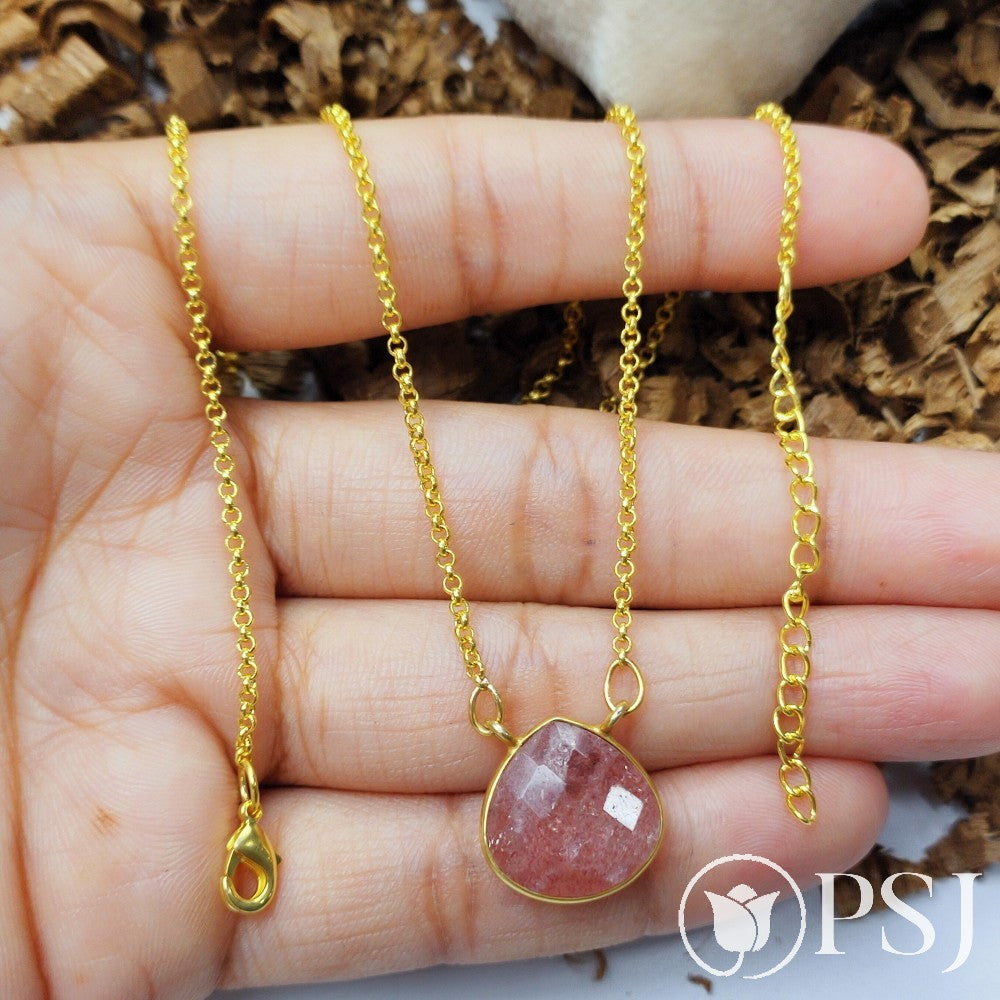 Natural Strawberry Quartz Necklace, Gold Plated Necklace, Strawberry Quartz Pendant, Healing Crystal Pendant Necklace