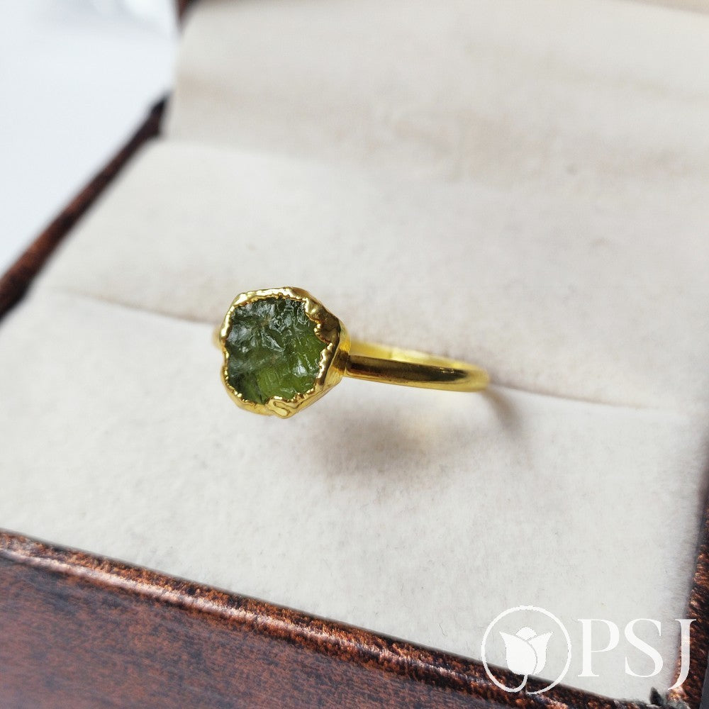 Raw Peridot Ring, August Birthstone Ring, Rough Stone Ring, Gold Electroplated Rings