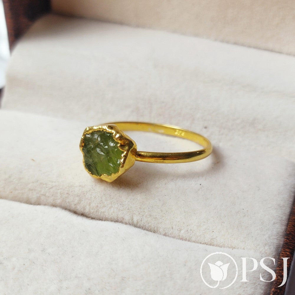 Raw Peridot Ring, August Birthstone Ring, Rough Stone Ring, Gold Electroplated Rings