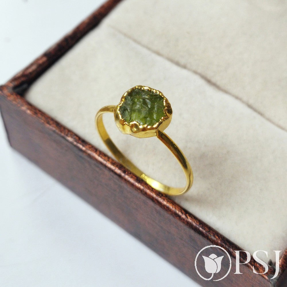 Raw Peridot Ring, August Birthstone Ring, Rough Stone Ring, Gold Electroplated Rings