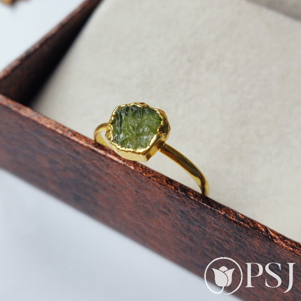 Raw Peridot Ring, August Birthstone Ring, Rough Stone Ring, Gold Electroplated Rings