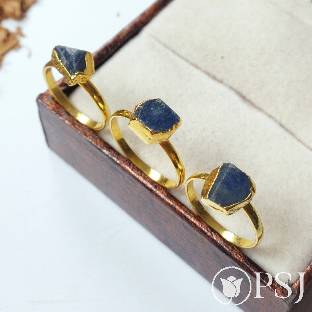 Raw Sapphire Ring, September Birthstone Ring, Rough Stone Ring, Gold Electroplated Rings