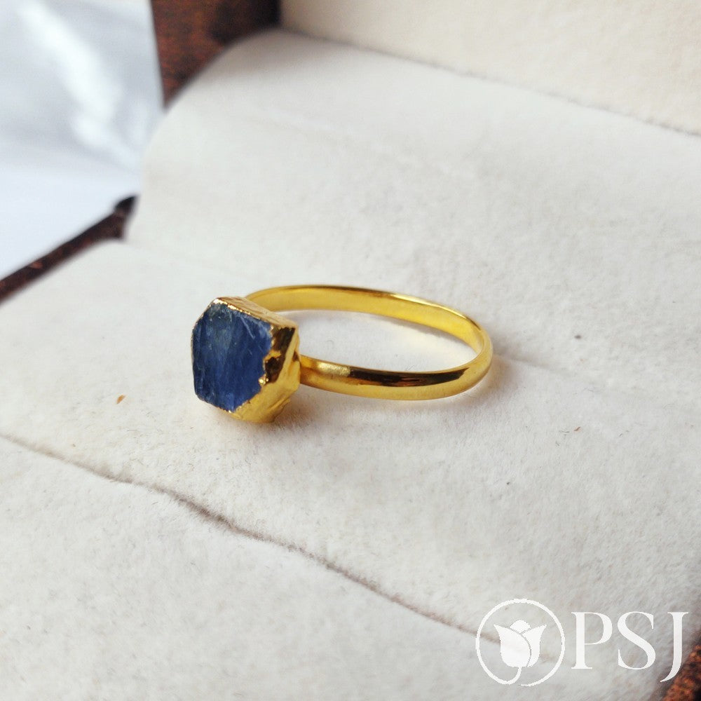 Raw Sapphire Ring, September Birthstone Ring, Rough Stone Ring, Gold Electroplated Rings