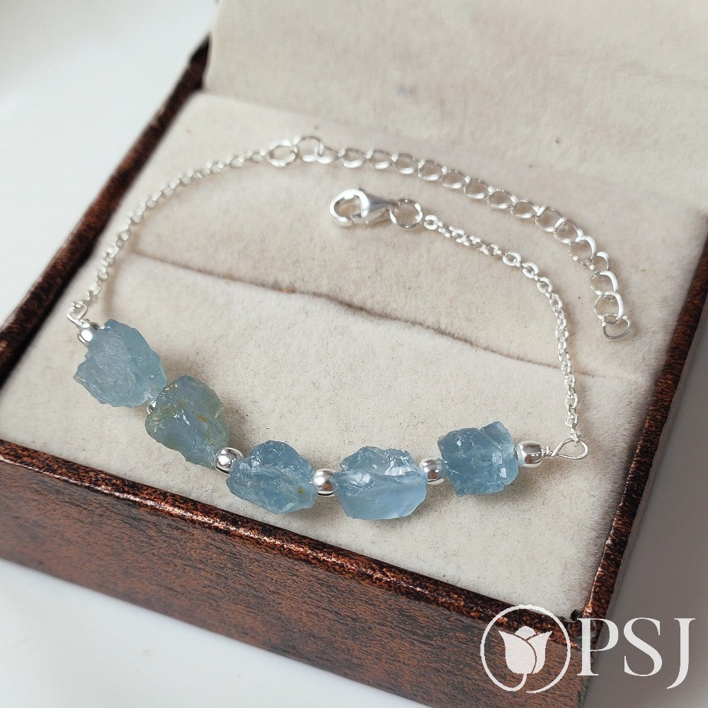 Raw Aquamarine bracelet, March birthstone bracelet, Handmade 925 sterling silver aquamarine bracelet, Gift for her, Birthstone gift
