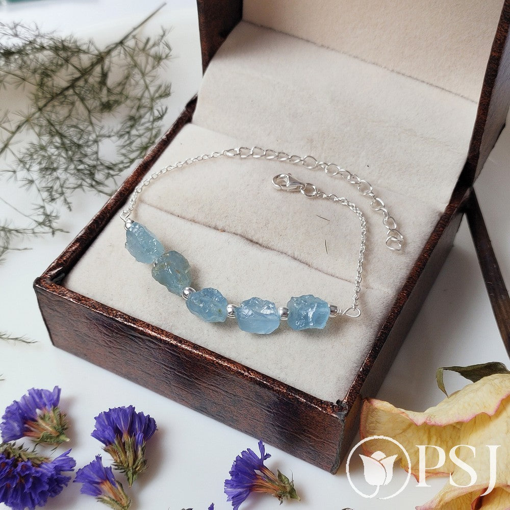 Genuine dainty 6mm AQUAMARINE sterling silver bracelet Serenity Calm  Expression Communication Courage Femininity  Intuition MARCH  Birthstone