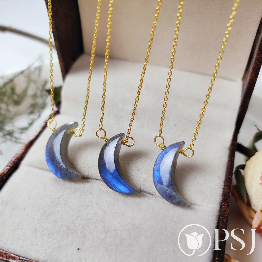 Natural Labradorite Moon Necklace, 925 Sterling Silver Gold Plated Necklace, Crescent Moon Pendant Necklace