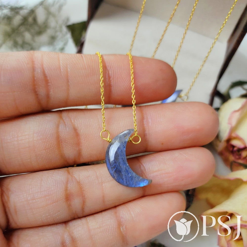 Natural Labradorite Moon Necklace, 925 Sterling Silver Gold Plated Necklace, Crescent Moon Pendant Necklace