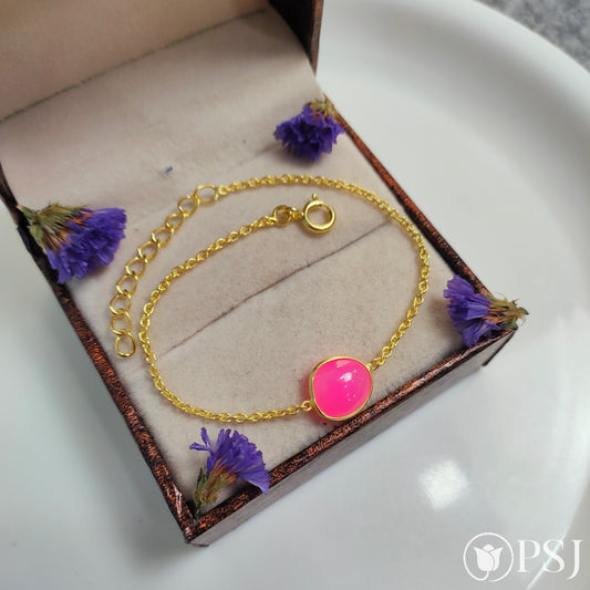 Hot Pink Chalcedony Bracelet, Beautiful Handmade 925 Silver Bracelet, Pink Chalcedony Bracelet, Gold Plated Chain Bracelet